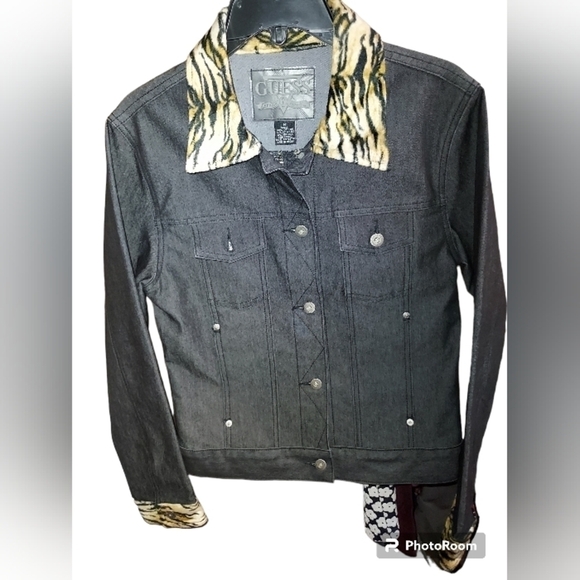 Guess Jacket black Med NWOT Animal print cuffs and collar - Picture 8 of 16